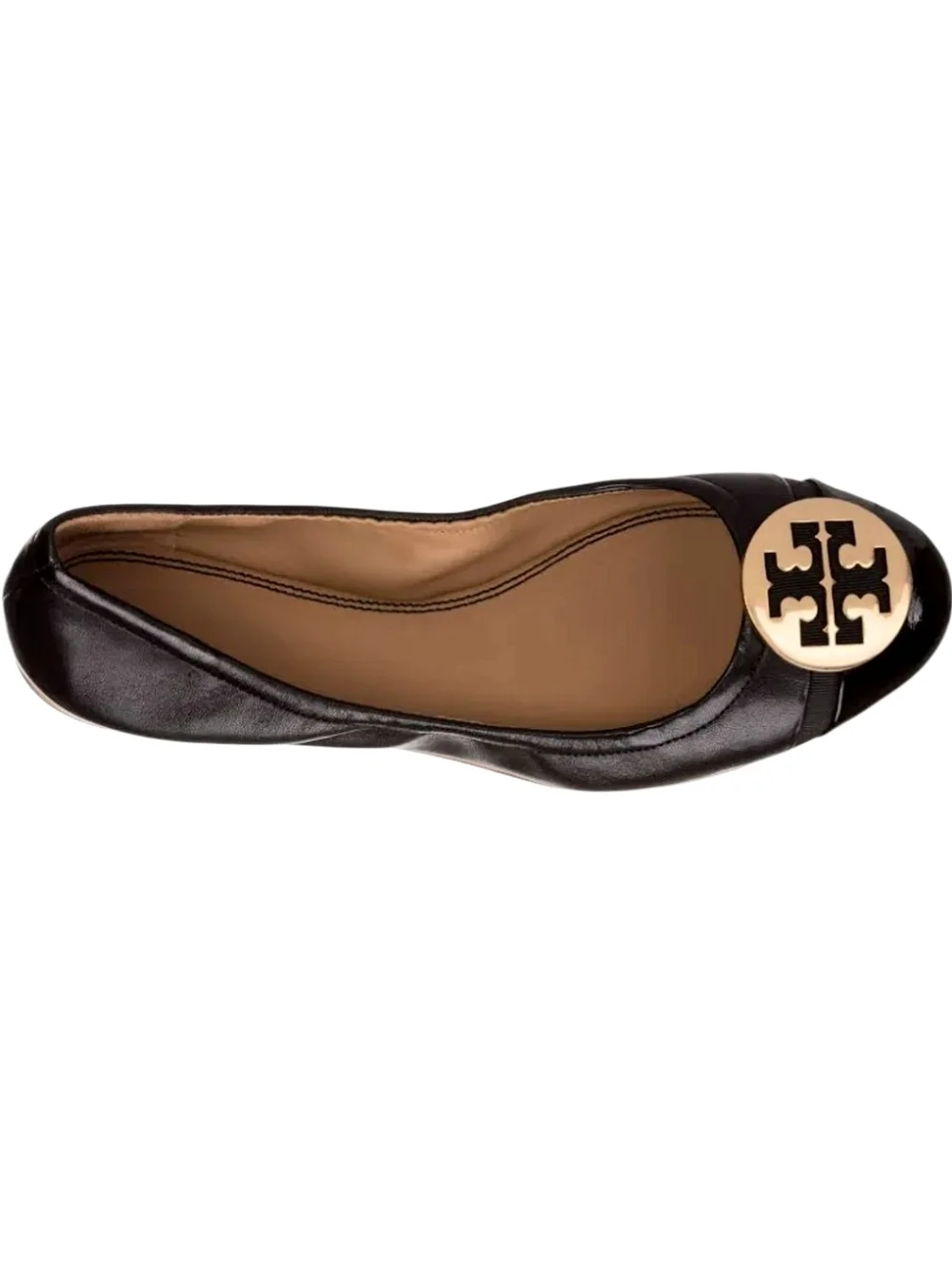 Tory Burch Minnie Travel Ballet Flats Black Leather Patent Cap Toe Size 8